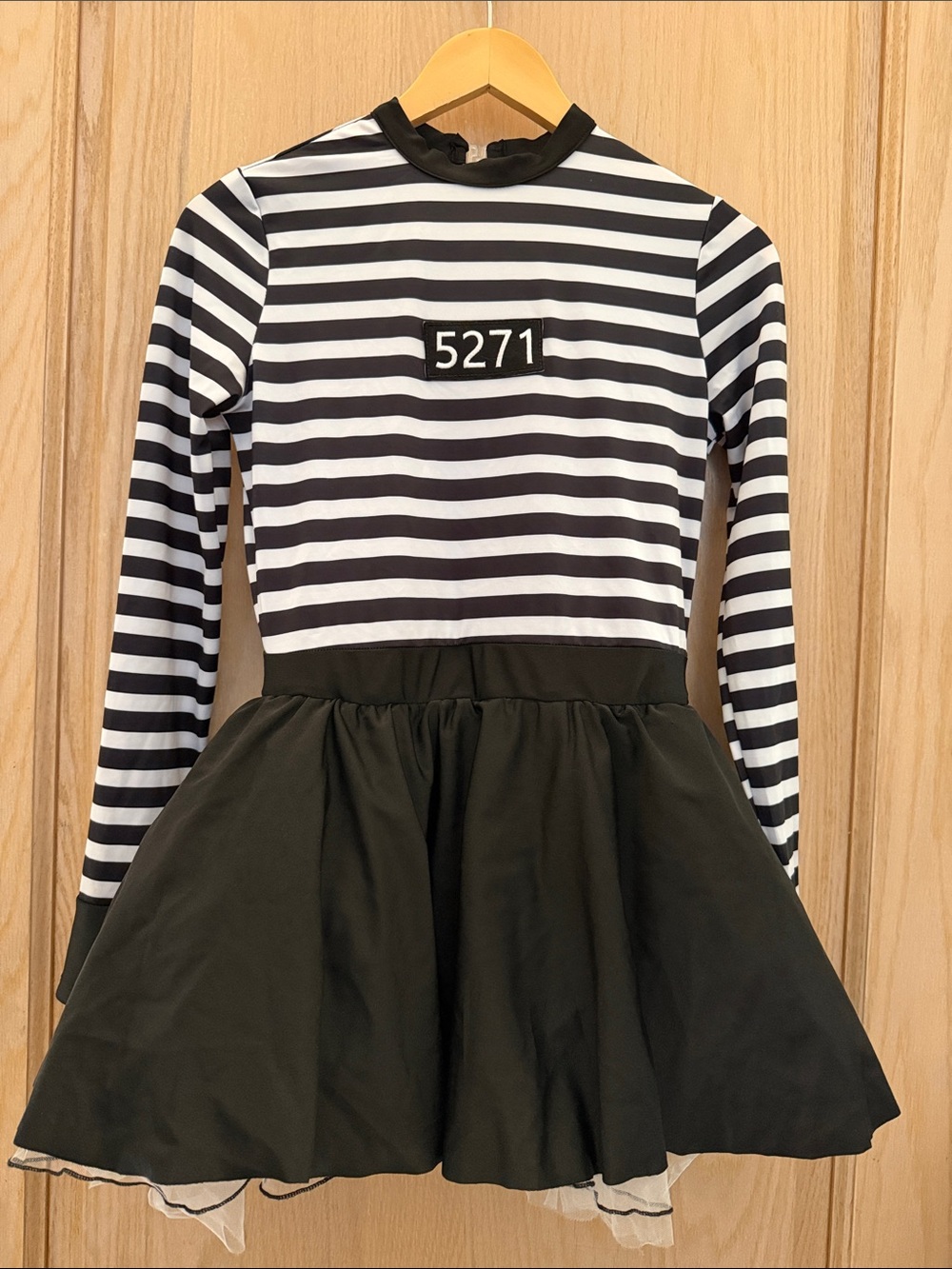 Jailhouse Rock Costume: Black & White Striped Skirted Leo with 5271 Patch